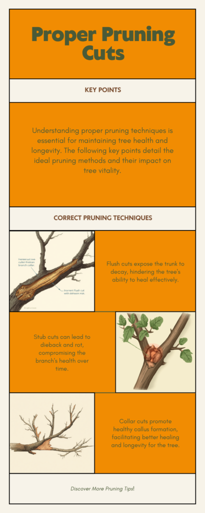 Crepe Myrtle Pruning in Tallahassee: Avoiding "Crepe Murder" - Tallahassee Tree Service Proper tree pruning cuts infographic — flush cut vs stub cut vs collar cut comparison, Tallahassee arborist guide