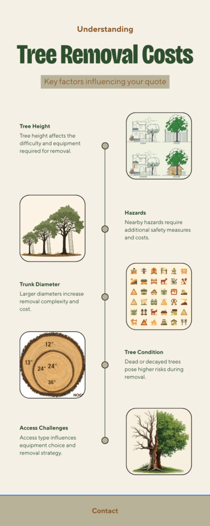 Tallahassee Tree Removal Cost: What Actually Drives the Quote - Tallahassee Tree Service Tallahassee tree removal cost factors infographic — height, trunk diameter, hazards, access, and condition explained by arborist