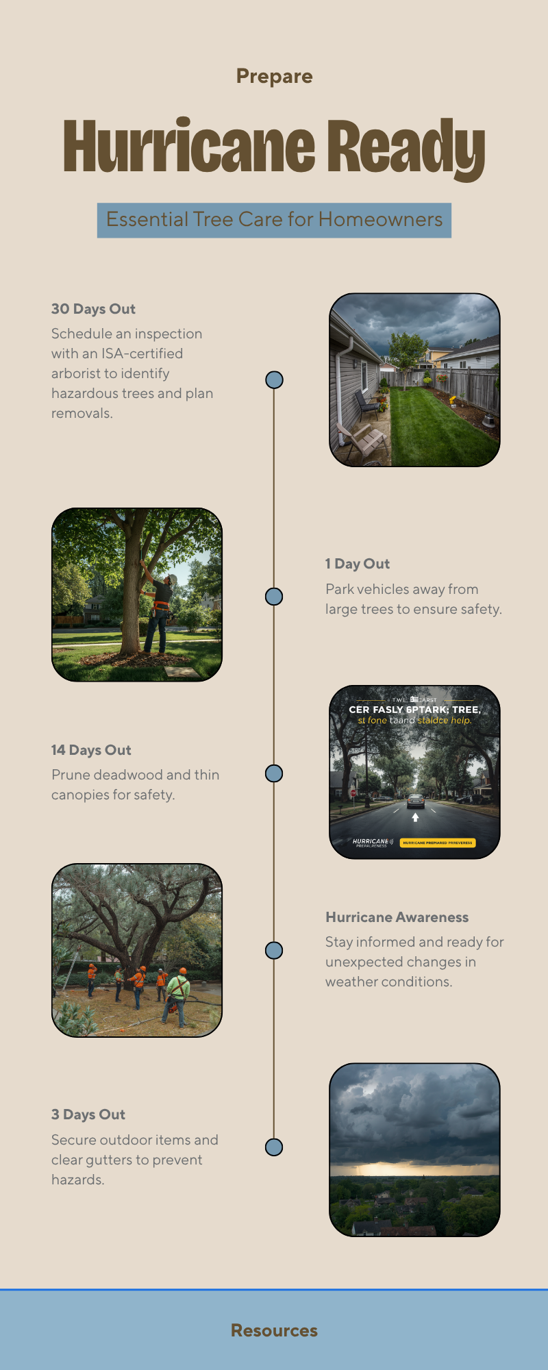 Tallahassee Hurricane Tree Prep — Season Hub 2026 - Tallahassee Tree Service Hurricane tree prep timeline infographic showing 30, 14, 3 and 1 day out checklists for Tallahassee homeowners
