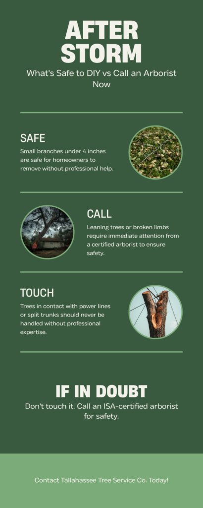 Post-Storm Tree Damage Assessment in Tallahassee: First-Week Walkthrough - Tallahassee Tree Service Post-storm Tallahassee tree damage triage infographic — safe to DIY vs call arborist immediately, ISA-certified guidance