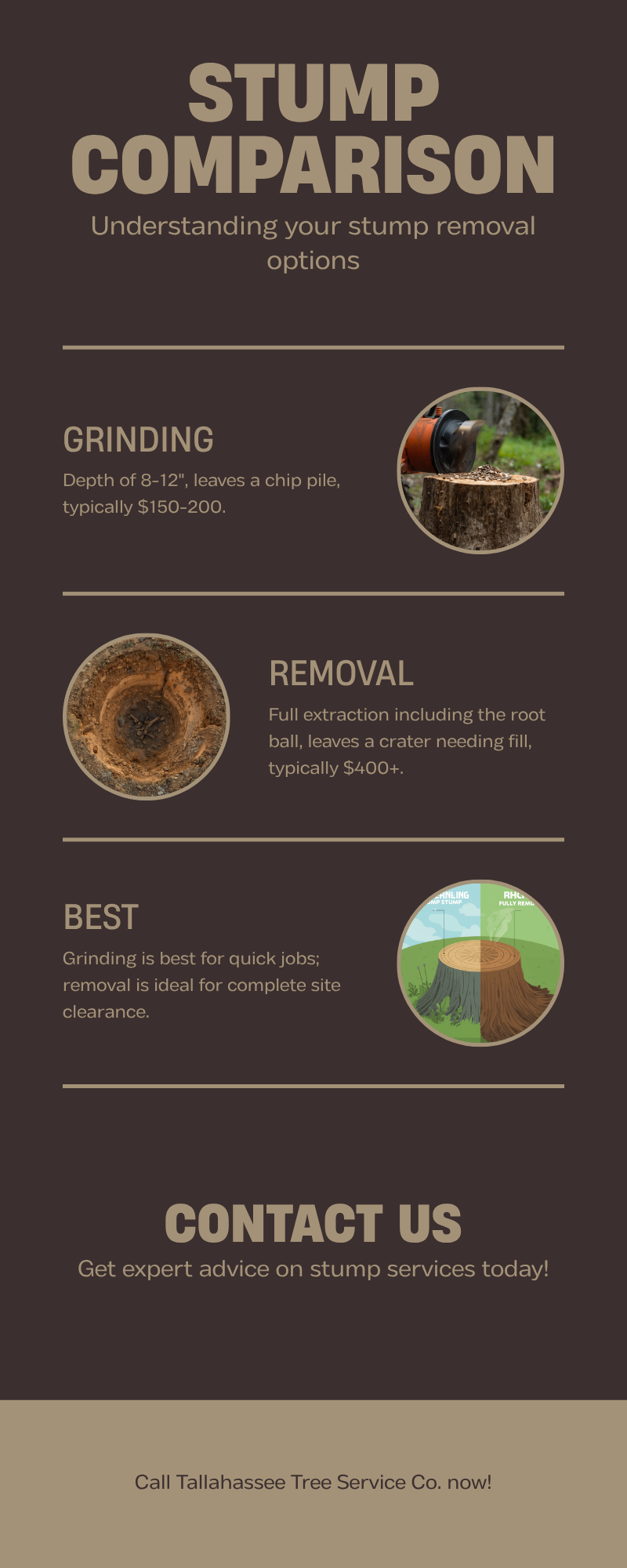 Sweetgum Tree Removal Tallahassee — Stop the Gumballs, Stop the Mess - Tallahassee Tree Service Stump grinding versus full stump removal comparison chart for Tallahassee sweetgum stumps