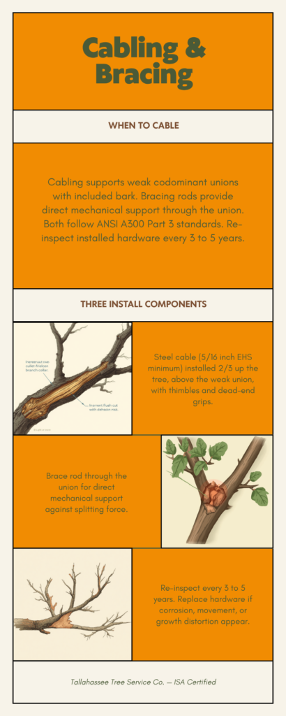 June Pre-Hurricane Tree Walk: 12-Point Tallahassee Homeowner Checklist - Tallahassee Tree Service Tallahassee tree cabling and bracing infographic for codominant leaders — ANSI A300 Part 3 standard, arborist guidance