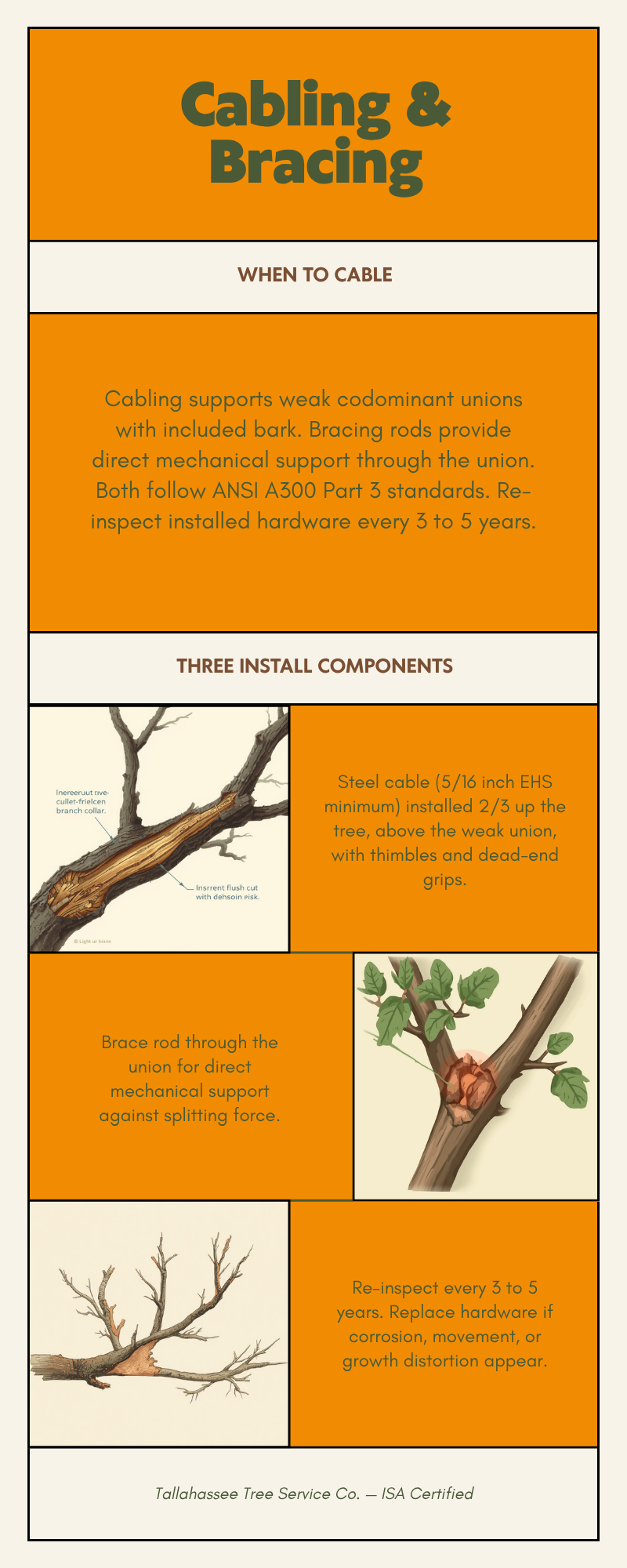 Tree Cabling & Bracing Tallahassee - Tallahassee Tree Service Tree cabling and bracing infographic - how ANSI A300 structural support systems work on Tallahassee oaks