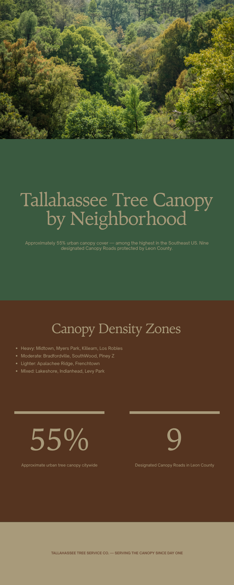 Tree Service Cost Per Tree Tallahassee — What Drives the Number - Tallahassee Tree Service Tallahassee tree canopy by neighborhood infographic showing 55 percent urban canopy and Canopy Road density zones