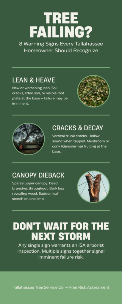 Lightning-Damaged Tree Recovery in Tallahassee: What to Do First - Tallahassee Tree Service Tallahassee tree failure warning signs infographic — lean, cracks, decay, canopy dieback, ISA arborist inspection guidance