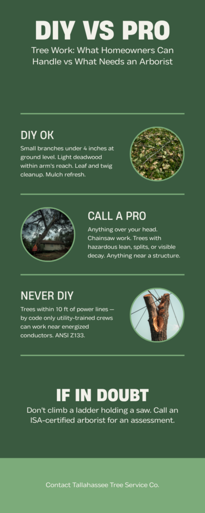 ISA-Certified Arborist vs General Tree Service in Tallahassee: The Real Difference - Tallahassee Tree Service Tallahassee DIY vs professional tree work infographic — what homeowners can safely handle vs what needs an ISA-certified arborist