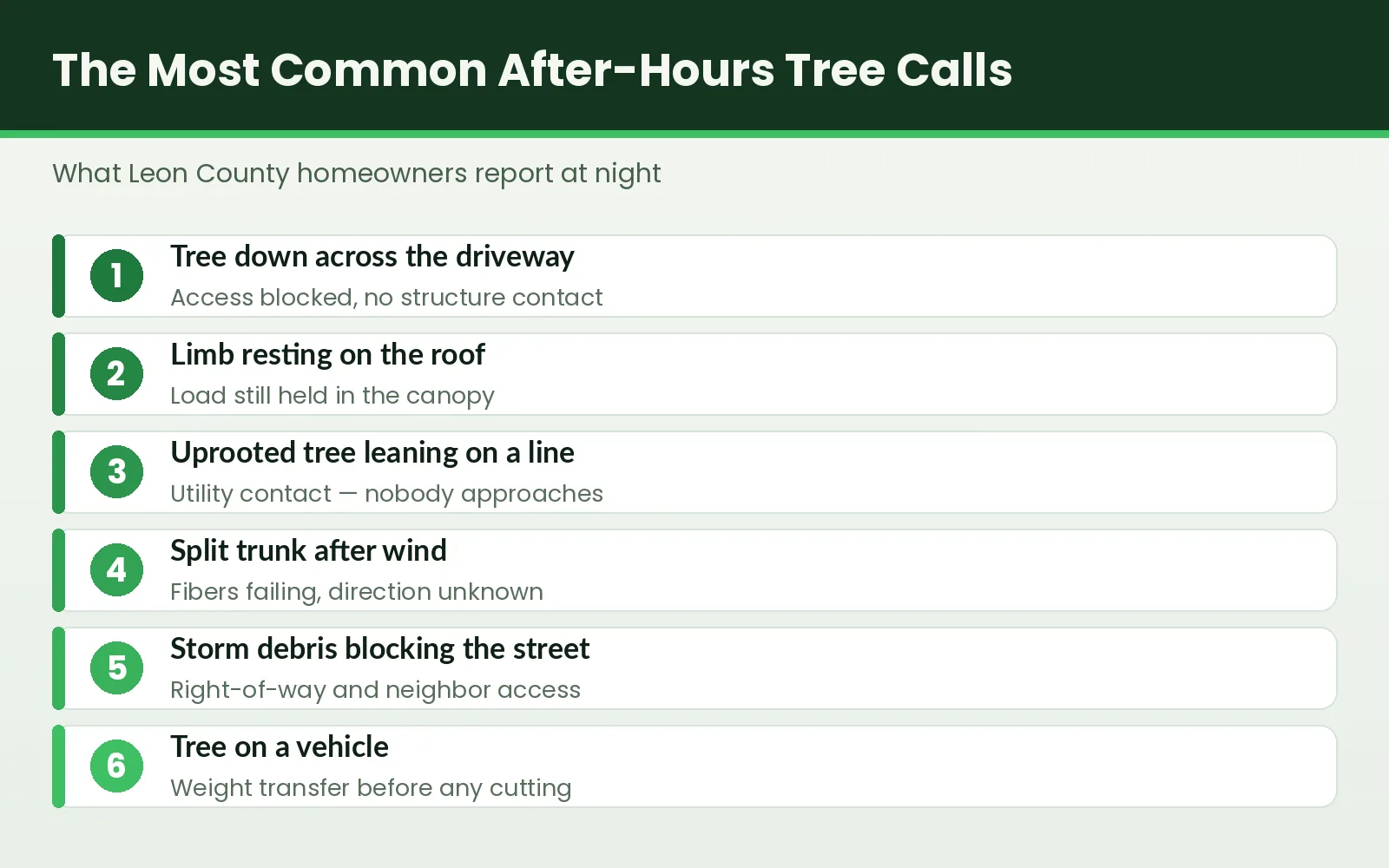 24 Hour Tree Service Tallahassee - Tallahassee Tree Service Illustrated list of the most common after-hours tree emergency calls in Leon County, Florida
