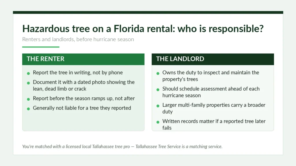 Florida rental property hazardous tree responsibility comparison showing renter documentation duties versus landlord inspection and maintenance obligations