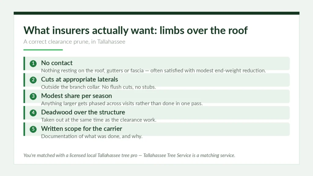 Tree Limbs Over the Roof in Tallahassee: What Insurers Want - Tallahassee Tree Service Insurer roof clearance pruning standard for Tallahassee showing no-contact requirement, cuts at laterals outside the branch collar and phased canopy reduction