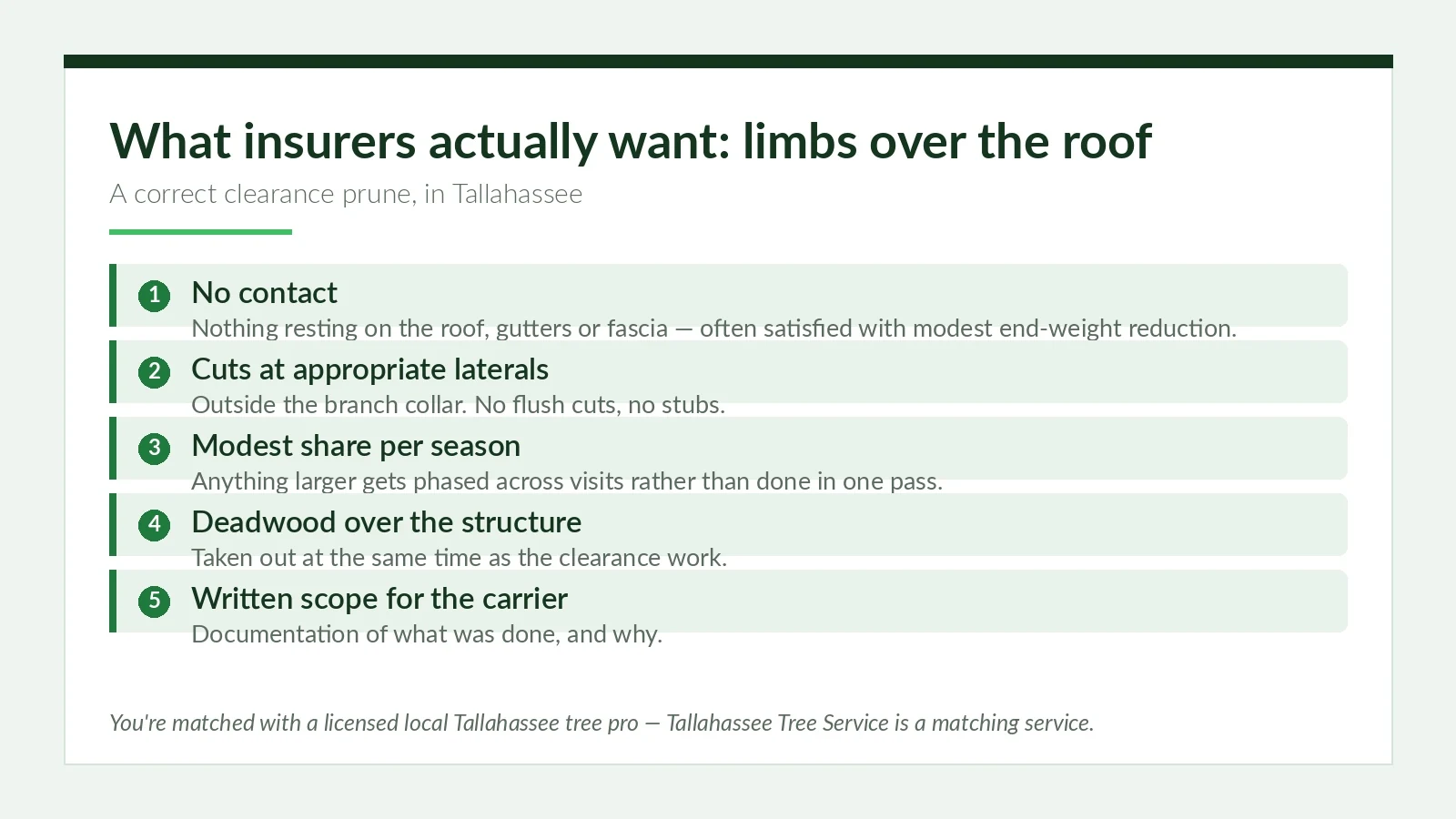 Tree Limbs Over the Roof in Tallahassee: What Insurers Want - Tallahassee Tree Service Insurer roof clearance pruning standard for Tallahassee showing no-contact requirement, cuts at laterals outside the branch collar and phased canopy reduction