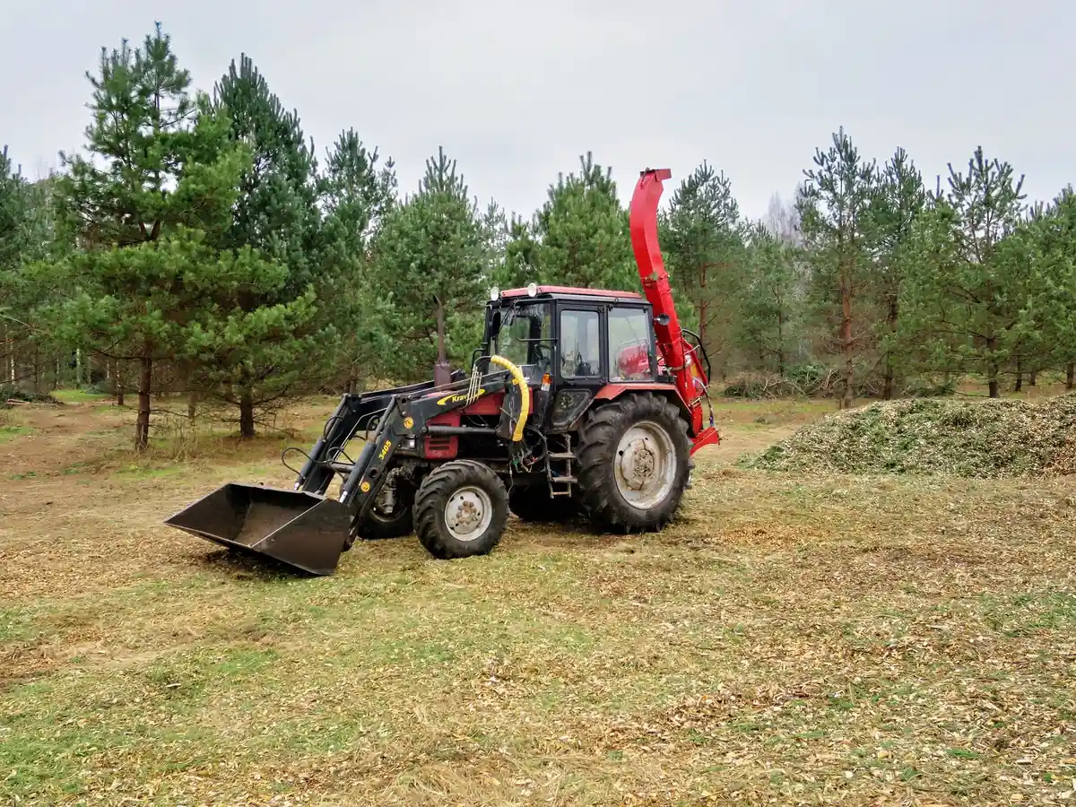 Tractor rigged for mulching and chipping in a dense tree line, the forestry mulching setup crews use on overgrown Tallahassee lots