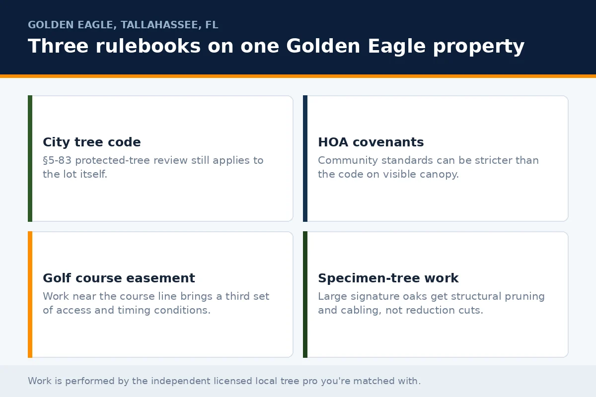 Tree Service Golden Eagle Tallahassee - Tallahassee Tree Service Four-cell panel showing the city code, HOA covenants and golf easement rules that overlap on Golden Eagle properties in Tallahassee FL plus specimen oak care