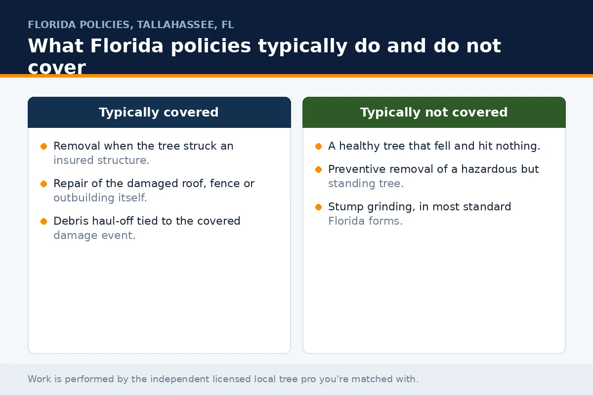 Comparison panel of what Florida homeowners policies typically cover and exclude for tree removal in Tallahassee FL, the distinction that shapes the adjuster conversation