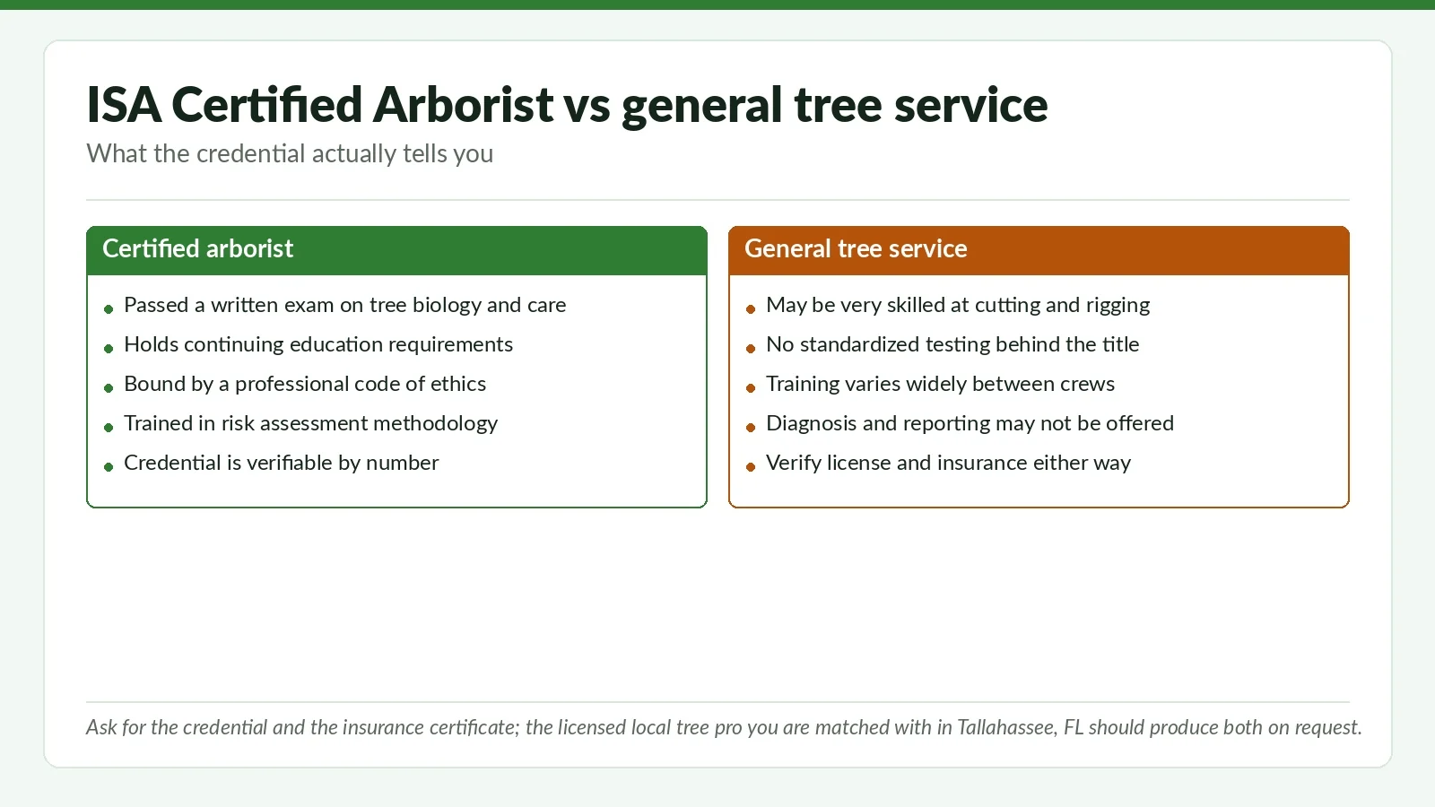 ISA-Certified Arborist vs General Tree Service in Tallahassee: The Real Difference - Tallahassee Tree Service Side-by-side reference chart comparing an ISA Certified Arborist credential with a general tree service for Tallahassee, FL homeowners