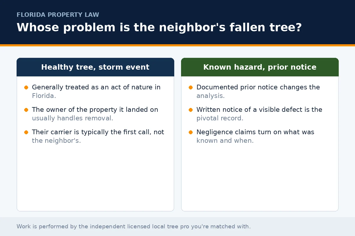 Neighbor's Tree Fell on My Property in Florida — Who Pays? - Tallahassee Tree Service Comparison panel on Florida liability when a neighbor's tree falls, contrasting a healthy tree in a storm with a documented known hazard, for property owners deciding who pays