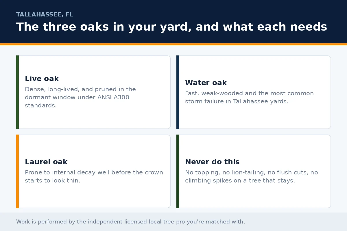 Oak Tree Trimming Tallahassee — ANSI A300 Pruning, No Topping - Tallahassee Tree Service Four-cell panel identifying live oak, water oak and laurel oak trimming needs in Tallahassee FL alongside the four practices that should never happen to a yard oak