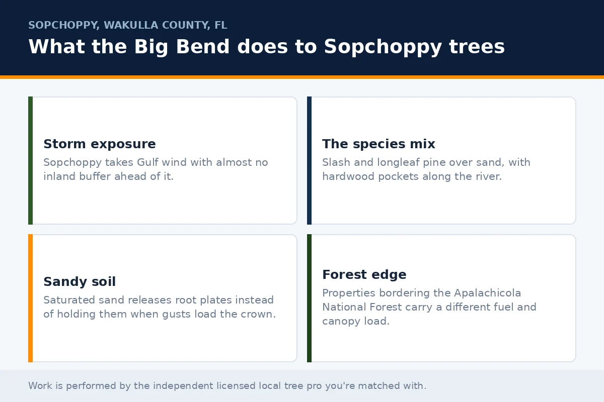Four-cell storm profile panel for Sopchoppy FL showing Gulf exposure, pine species mix, sandy soil root failure and Apalachicola National Forest edge conditions