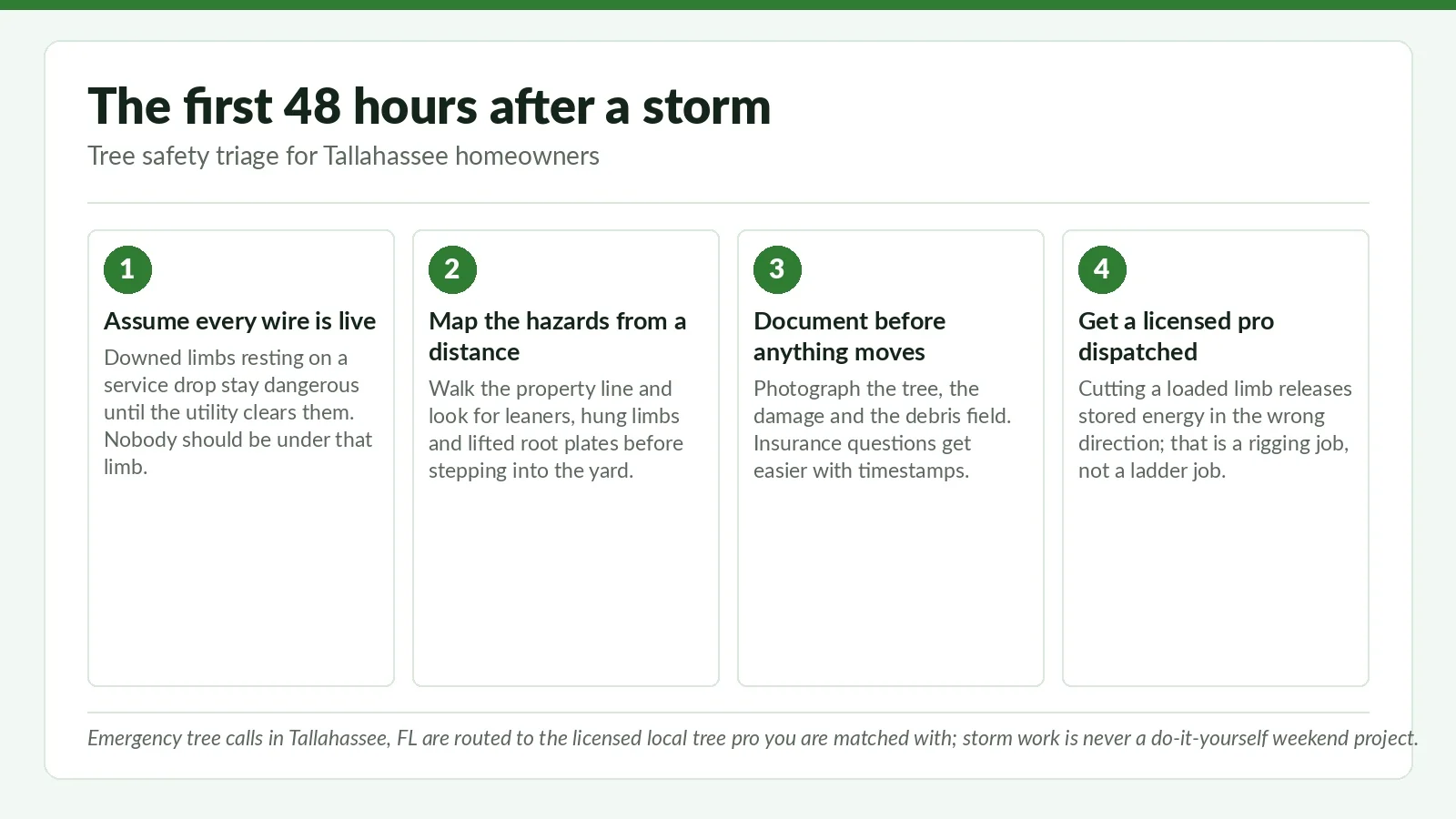Four-step storm tree triage graphic showing the first-48-hours sequence emergency crews follow on calls in Sopchoppy, FL