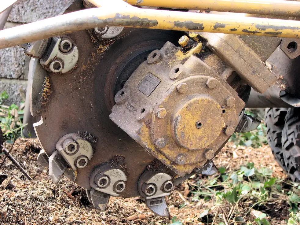 Stump Grinding in Tallahassee: What Affects the Cost - Tallahassee Tree Service Close view of a stump grinder wheel and cutting teeth, the equipment that sets grinding scope in Tallahassee, FL