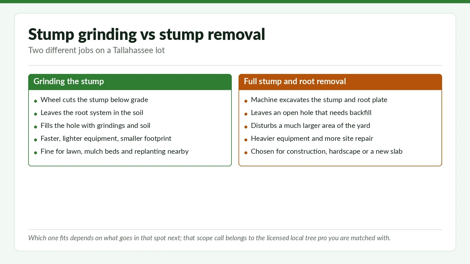 Comparison chart of stump grinding versus full stump removal, the decision SouthWood Tallahassee homeowners face after a tree comes down