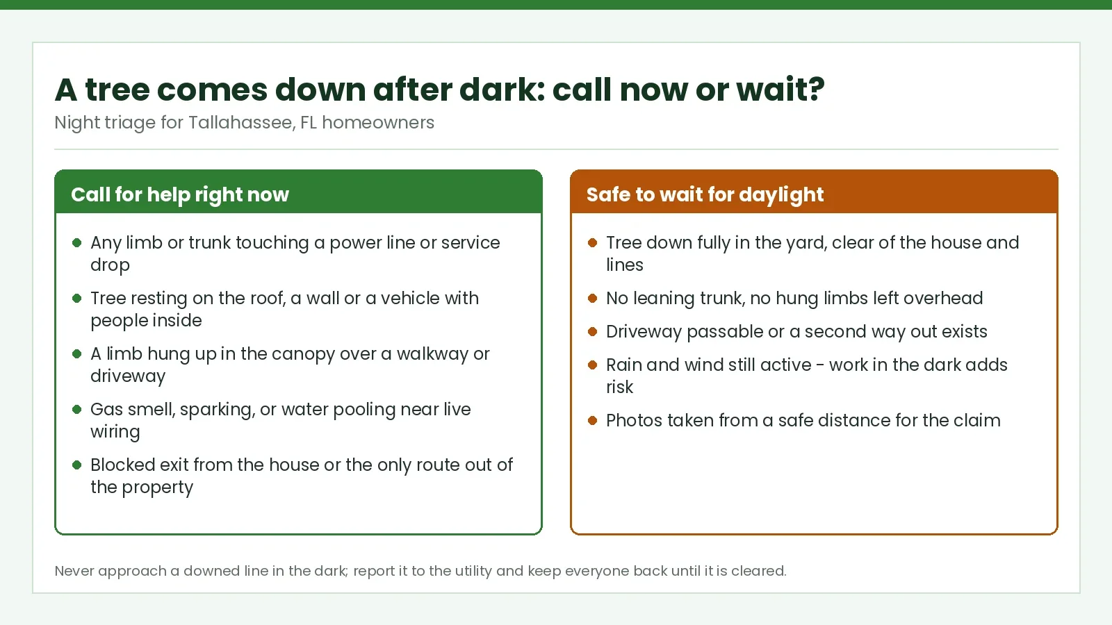 Tree Down at Night in Tallahassee - When to Call ASAP vs Wait Till Morning - Tallahassee Tree Service Night triage chart showing when a downed tree needs an immediate call and when it can wait for daylight in Tallahassee, FL
