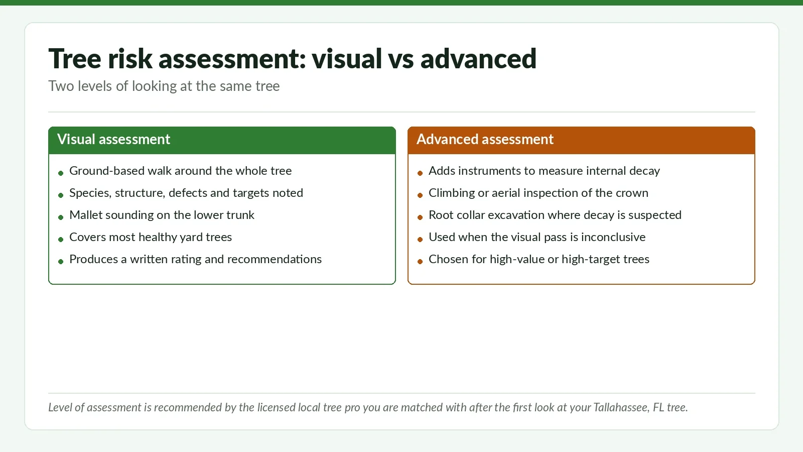 Side-by-side reference chart comparing visual and advanced tree risk assessment methods used on Tallahassee, FL trees